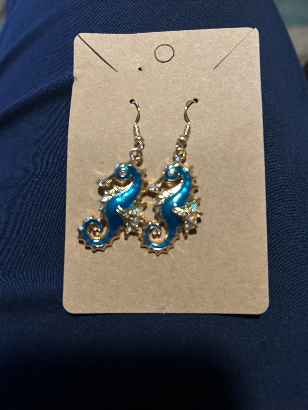 Blue Seahorse Drop Earrings - Gold Accents